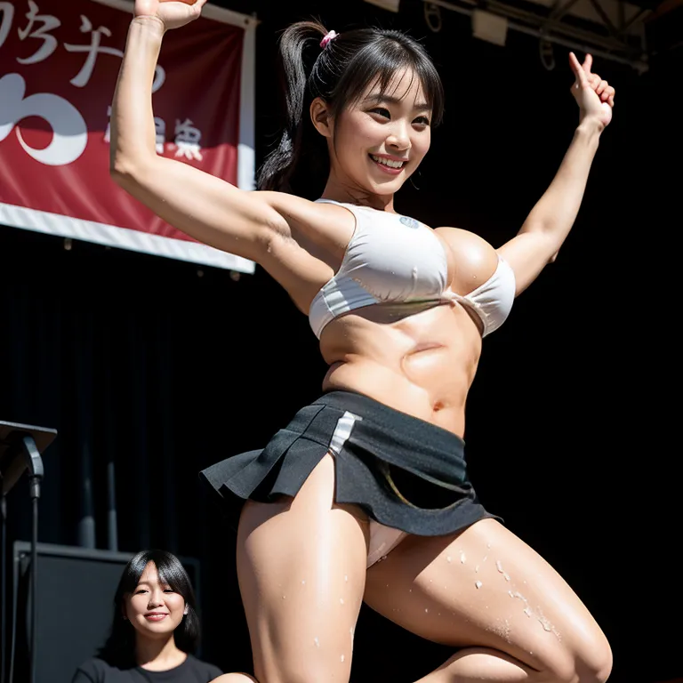 <lora:Japanese2:0.45>, japanese,woman,twenties,short hair,pony tail,black hair,beautiful,(smile),huge breasts,perfect body,abs,cheerleader,micro skirt,jumping,(semen:1.2),sun,stage,front view,(adult:1.5)