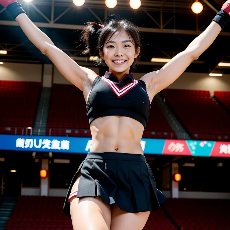 <lora:Japanese2:0.45>, japanese,woman,twenties,short hair,pony tail,black hair,beautiful,(smile),huge breasts,perfect body,abs,cheerleader,micro skirt,jumping,sun,stage,front view,(adult:1.5)