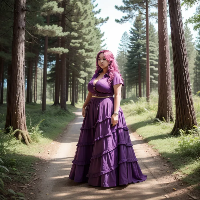 hkgirl, (kpop idol), <lora:HongKong:0.5>,woman,thirties,long hair,curly hair,pink hair,beautiful,sorrow,huge breasts,fat,wedding dress,purple shirt,Purple long skirt,standing,forest,front view,full body,(adult:1.5)