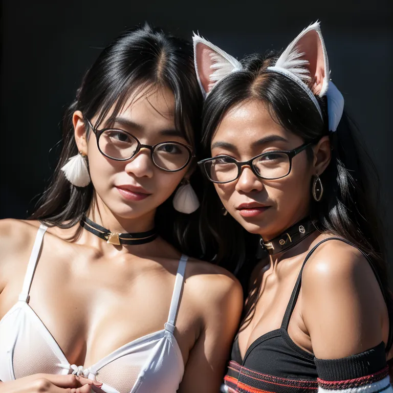 <lora:Chinese5:0.6>,(2women:2),twenties,cat ears,collar,black eyeglasses,high socks,earings,tribal clothing,White bra,(adult:1.5)