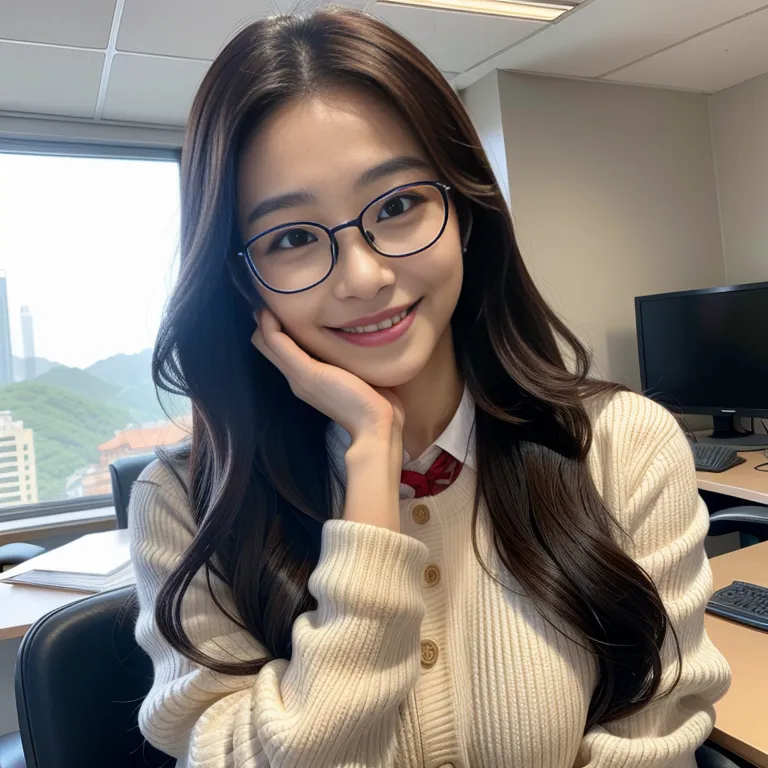 <lora:Korean5e-51e-4:0.5>,korean,kpop idol,woman,thirties,long hair,curly hair,hair behind ear,beautiful,(grin:1.2),huge breasts,huge ass,black eyeglasses,long sleeves,professor,(hand on own head:1.2),daytime,office,front view,full body,(adult:1.5)