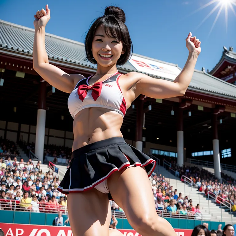 <lora:Japanese2:0.45>, japanese,woman,twenties,short hair,black hair,beautiful,(smile),huge breasts,perfect body,abs,cheerleader,micro skirt,jumping,sun,stage,front view,(adult:1.5)