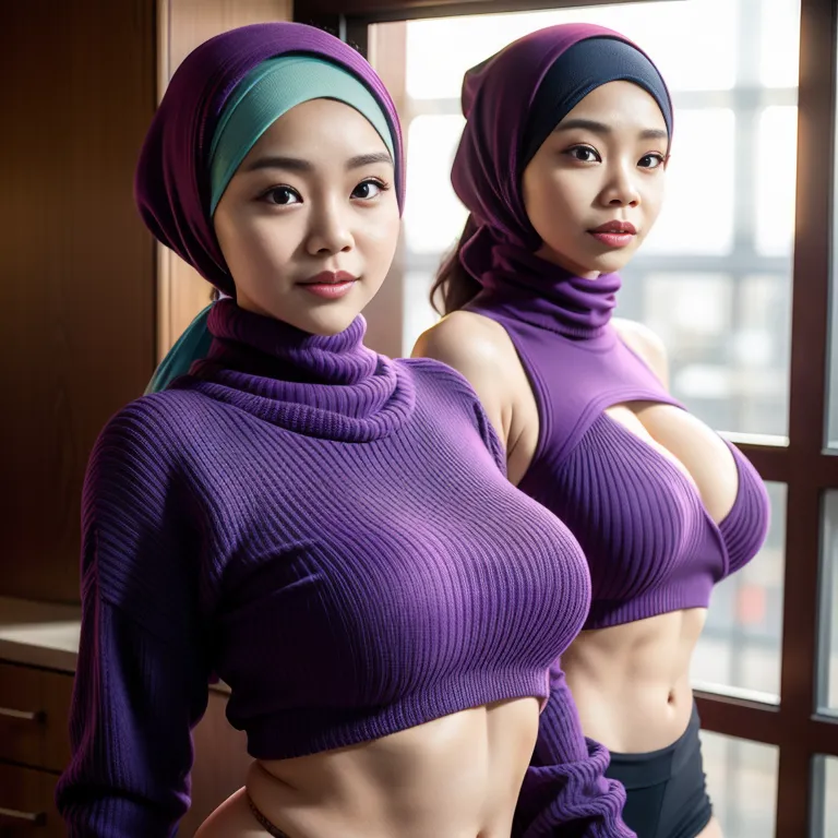 hkgirl, (kpop idol), <lora:HongKong:0.5>,(2women:2),aging,beautiful,happy,huge breasts,perfect body,abs,hijab,nude,Purple sweater,cave,(adult:1.5)