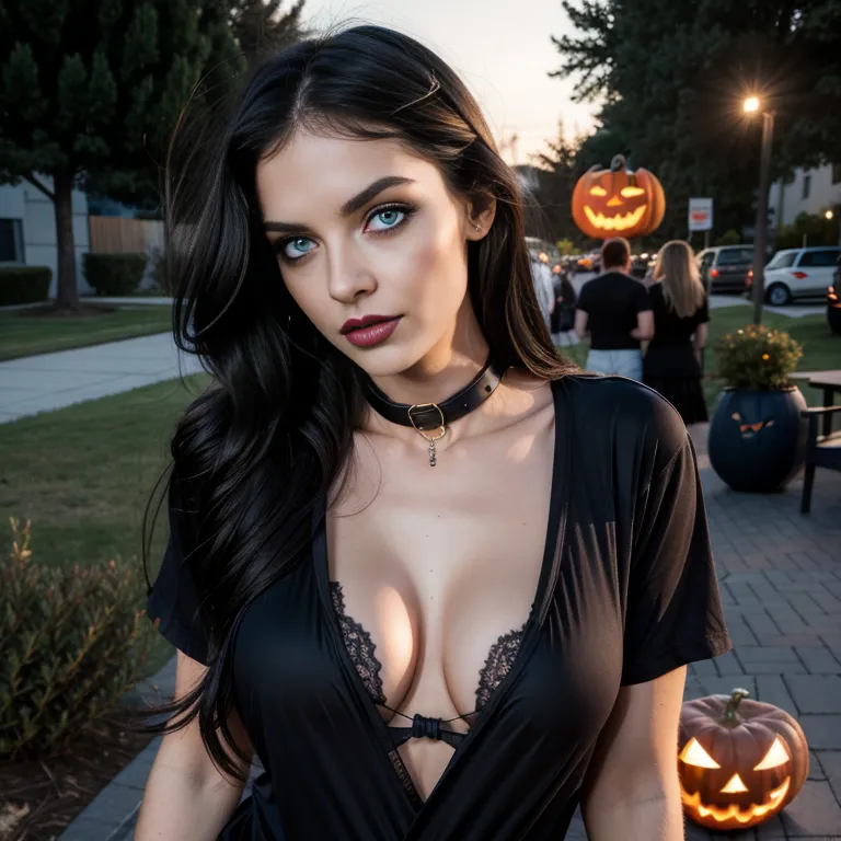 <lora:White4:0.4>,white people,woman,twenties,long hair,messy hair,black hair,blue eyes,beautiful,happy,normal breasts,medium ass,perfect body,collar,halloween costume,tunic,night,outdoors,eyeshadow,taut shirt,(adult:1.5)