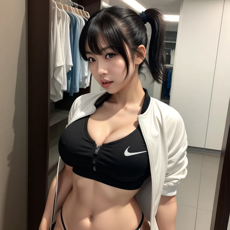 <lora:Japanese2:0.45>, japanese,woman,twenties,short hair,pony tail,black hair,bangs,beautiful,shocked,huge breasts,perfect body,midriff,cleavage,short sleeves,soccer,sportswear,white jacket,short shorts,having sex, blowjob,(semen:1.2),changing room,front view,(adult:1.5)