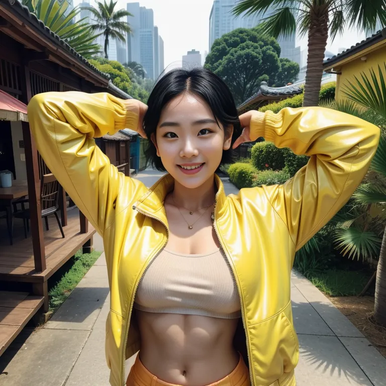 <lora:korean_n1:0.5>,korean,woman,twenties,short hair,braided,black hair,hair behind ear,large forehead,beautiful,(smile),huge breasts,perfect body,abs,nude,yellow jacket,Yellow mini skirt,(hand on own head:1.2),sun,jungle,full body,(adult:1.5)