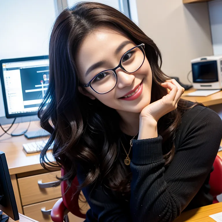 <lora:Korean5e-51e-4:0.5>,korean,kpop idol,woman,thirties,long hair,curly hair,hair behind ear,beautiful,(grin:1.2),huge breasts,huge ass,black eyeglasses,long sleeves,professor,(hand on own head:1.2),daytime,office,front view,full body,(adult:1.5)