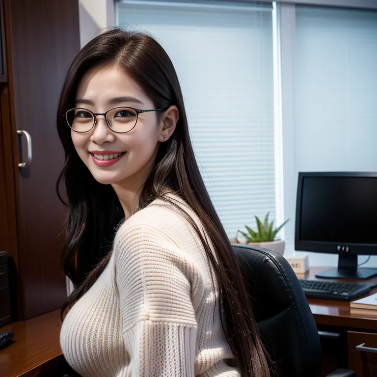 <lora:Korean5e-51e-4:0.5>,korean,kpop idol,woman,thirties,long hair,frizzy hair,hair behind ear,beautiful,(grin:1.2),huge breasts,huge ass,perfect body,black eyeglasses,long sleeves,professor,standing,daytime,office,from side,full body,(adult:1.5)