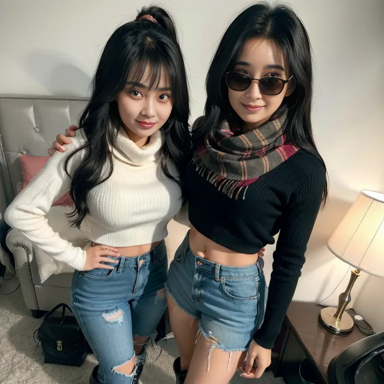 <lora:Chinese:0.45>,(2women:2),twenties,long hair,messy hair,black hair,hair behind ear,bangs,black eyes,(ugly),shocked,(aegyo sal),Looking at viewer,scarf,sunglasses,pantyhose,boots,midriff,cooking,(semen:1.2),daytime,sun,bedroom,front view,full body,(adult:1.5)