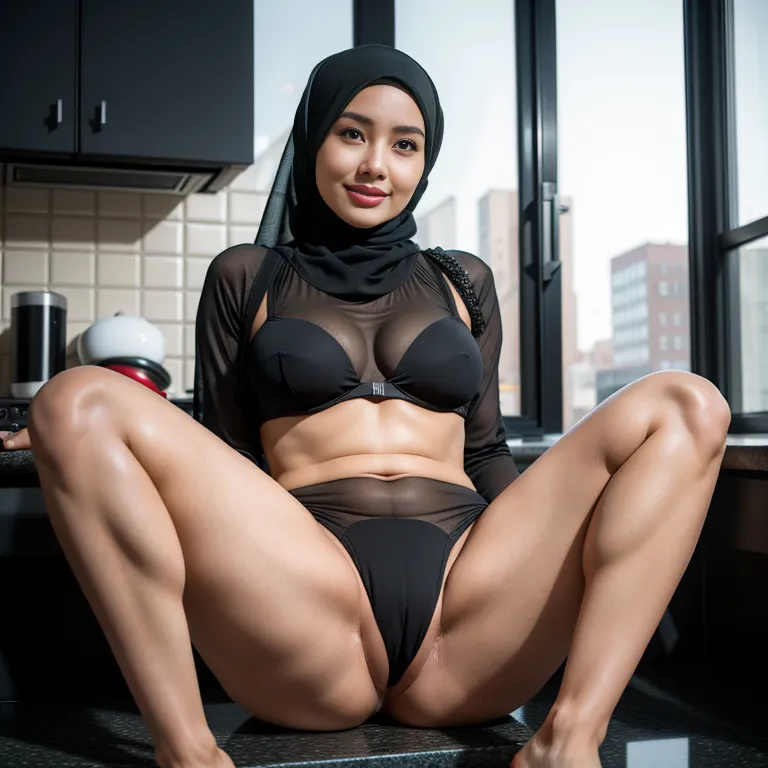 <lora:Chinese3:0.6>,woman,twenties,(RAW photo, best quality, masterpiece:1.1), (realistic, photo-realistic:1.2), ultra-detailed, ultra high res, physically-based rendering,beautiful,happy,Looking at viewer,huge breasts,huge ass,hijab,microkini,Black panties,spread legs,kitchen,full body,(adult:1.5)