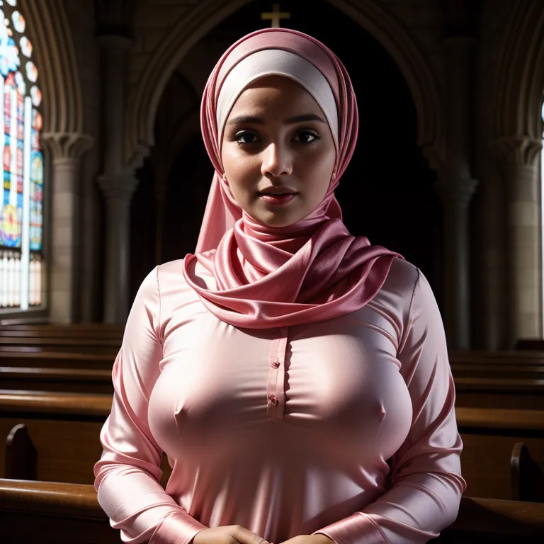 woman,thirties,beautiful,huge breasts,perfect body,hijab,(silk),long sleeves,salwar,pink shirt,standing,church,portrait,(adult:1.5)