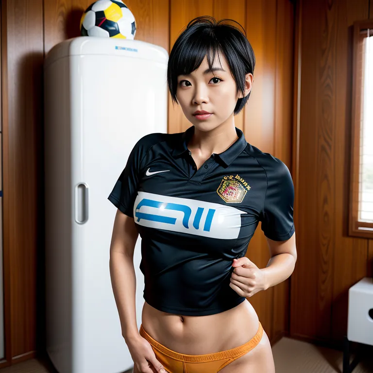 <lora:Japanese2:0.45>, japanese,woman,twenties,short hair,pixie cut,black hair,bangs,beautiful,shocked,huge breasts,perfect body,(tan:1.2),short sleeves,soccer,sportswear,short shorts,(hand on own chest:1.2),sun,changing room,front view,(adult:1.5)