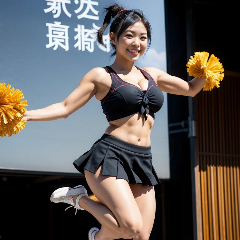 <lora:Japanese2:0.45>, japanese,woman,twenties,short hair,pony tail,black hair,beautiful,(smile),huge breasts,perfect body,abs,cheerleader,micro skirt,jumping,sun,stage,front view,(adult:1.5)