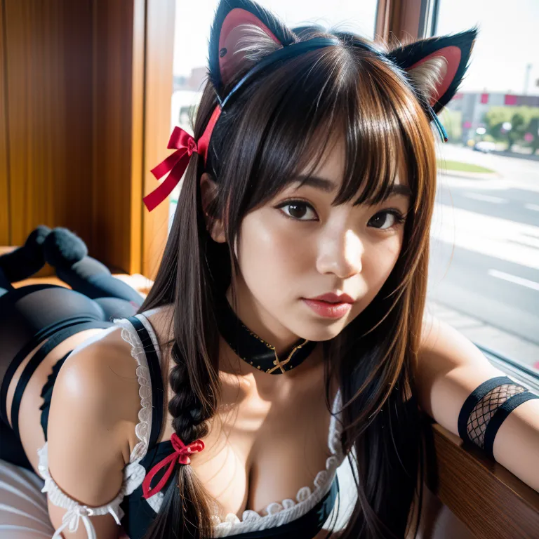 <lora:Japanese5:0.6>, japanese,woman,twenties,long hair,spiralcurl,blonde hair,bangs,red eyes,beautiful,Looking at viewer,huge breasts,medium ass,perfect body,cat ears,(cat ears headband, fake animal ears),(cat ears headband, fake animal ears),choker,high socks,thigh socks,high heels,(silk),fishnet clothing,spread legs,cliff,front view,full body,(adult:1.5)