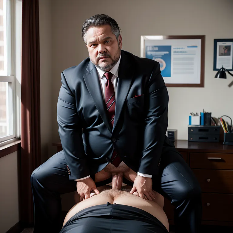 manly man,aging,Looking at viewer,fat,stocking,(silk),suit,black shirt,(having sex:1.6),daytime,sun,office,diffuse Lighting,front view,full body,(adult:1.5)