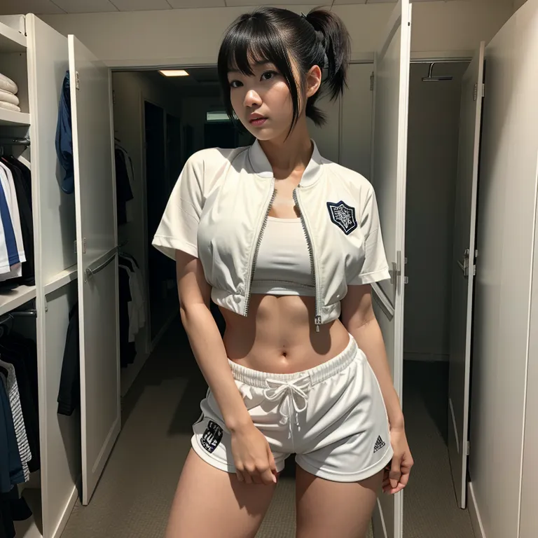 <lora:Japanese2:0.45>, japanese,woman,twenties,short hair,pony tail,black hair,bangs,beautiful,shocked,huge breasts,perfect body,midriff,short sleeves,soccer,sportswear,white jacket,short shorts,standing,(semen:1.2),changing room,front view,(adult:1.5)