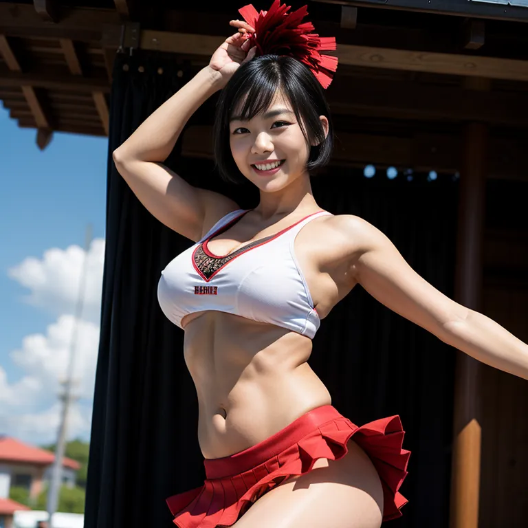 <lora:Japanese2:0.45>, japanese,woman,twenties,short hair,black hair,beautiful,(smile),huge breasts,perfect body,abs,(fabric),cheerleader,micro skirt,jumping,sun,stage,from side,(adult:1.5)