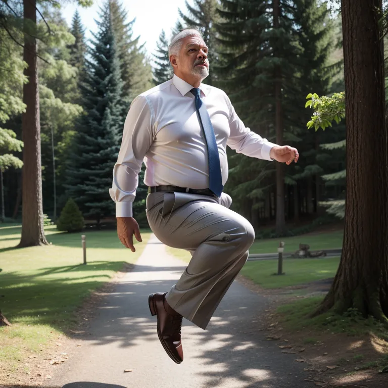 manly man,aging,grey hair,Looking at viewer,fat,stocking,(silk),suit,white shirt,jumping,daytime,sun,forest,diffuse Lighting,from side,full body,(adult:1.5)