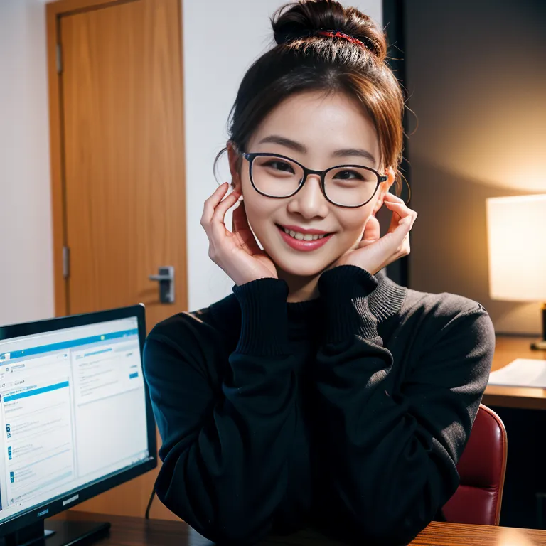 <lora:Korean5e-51e-4:0.5>,korean,kpop idol,woman,twenties,hair bun,hair behind ear,beautiful,(grin:1.2),huge breasts,huge ass,black eyeglasses,long sleeves,professor,(hand on own head:1.2),daytime,office,front view,full body,(adult:1.5)