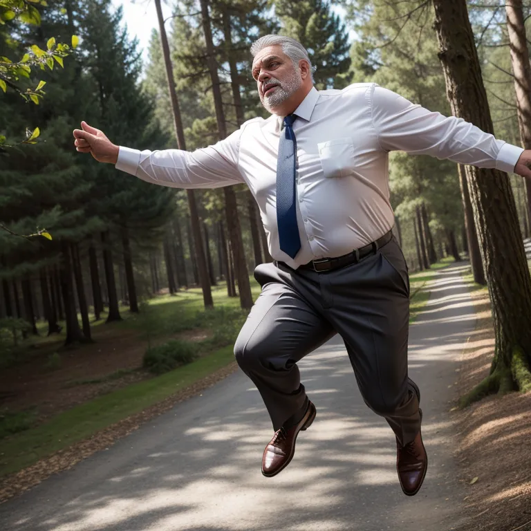 manly man,aging,grey hair,Looking at viewer,fat,stocking,(silk),suit,white shirt,jumping,daytime,sun,forest,diffuse Lighting,front view,full body,(adult:1.5)