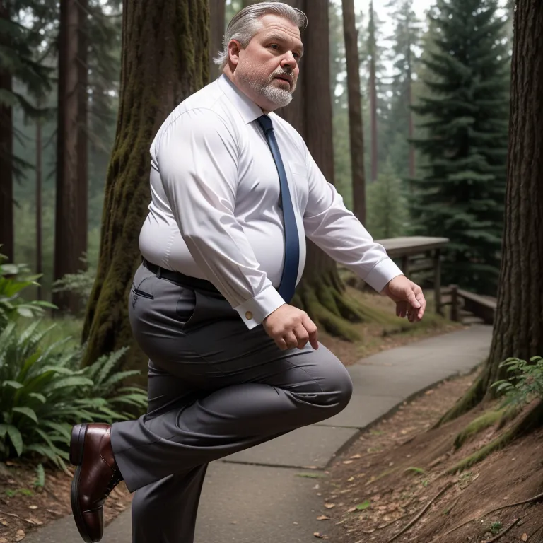 manly man,aging,grey hair,Looking at viewer,fat,stocking,(silk),suit,white shirt,jumping,daytime,sun,forest,diffuse Lighting,from side,full body,(adult:1.5)