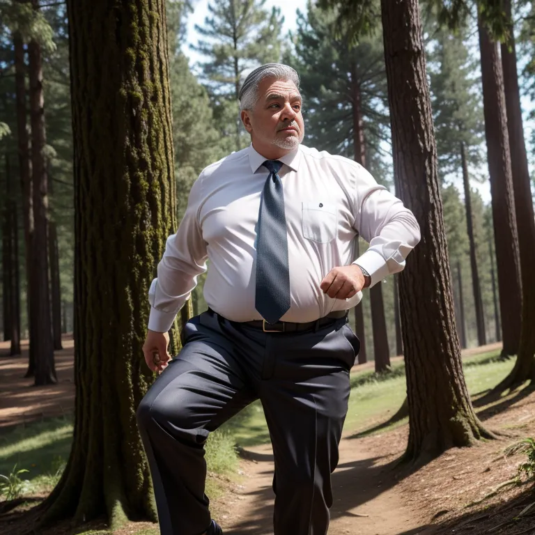 manly man,aging,grey hair,Looking at viewer,fat,stocking,(silk),suit,white shirt,jumping,daytime,sun,forest,diffuse Lighting,from side,full body,(adult:1.5)