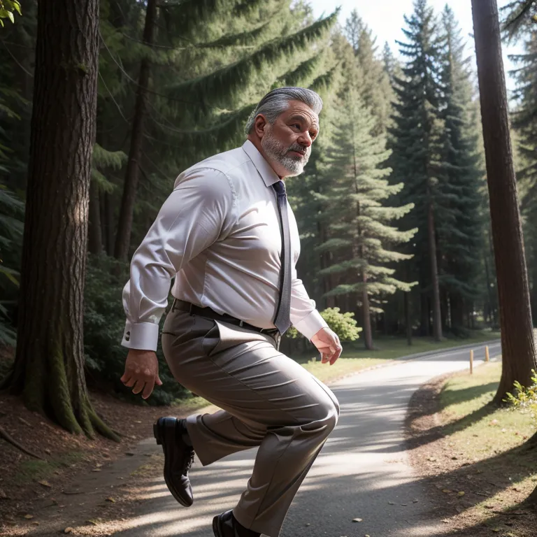 manly man,aging,grey hair,Looking at viewer,fat,stocking,(silk),suit,white shirt,jumping,daytime,sun,forest,diffuse Lighting,from side,full body,(adult:1.5)