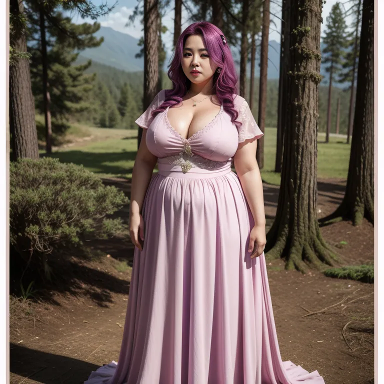 hkgirl, (kpop idol), <lora:HongKong:0.5>,woman,thirties,long hair,curly hair,pink hair,beautiful,sorrow,huge breasts,fat,wedding dress,purple shirt,Purple long skirt,standing,forest,wedding,front view,full body,(adult:1.5)