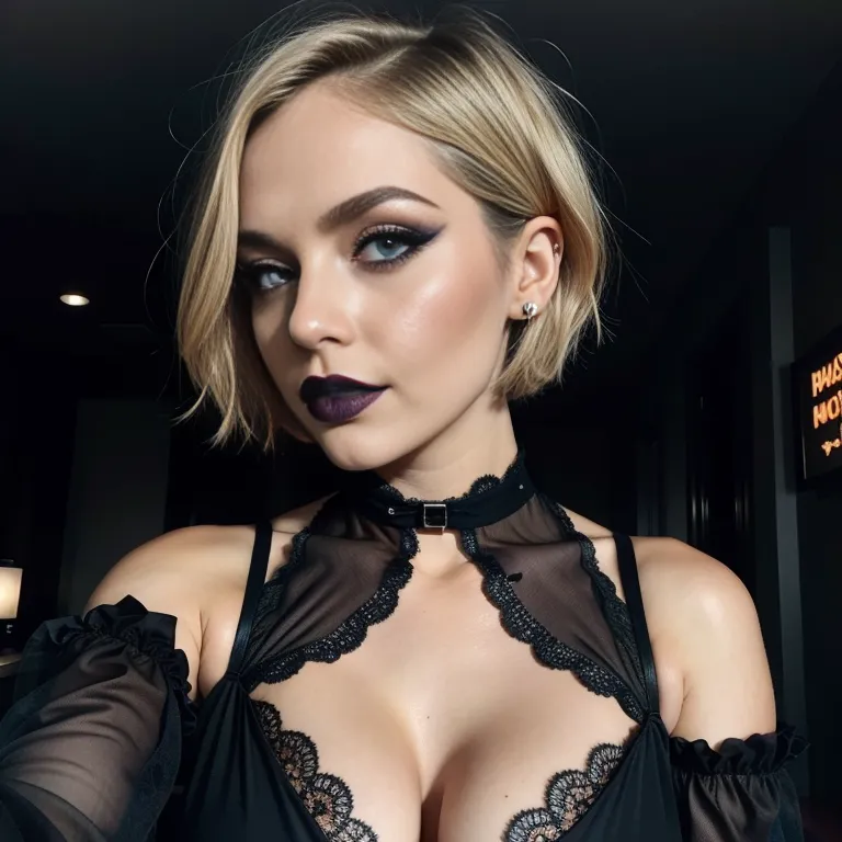 <lora:White4:0.4>,white people,woman,twenties,short hair,messy hair,black hair,blue eyes,beautiful,happy,normal breasts,medium ass,perfect body,collar,halloween costume,black shirt,eyeshadow,(adult:1.5)