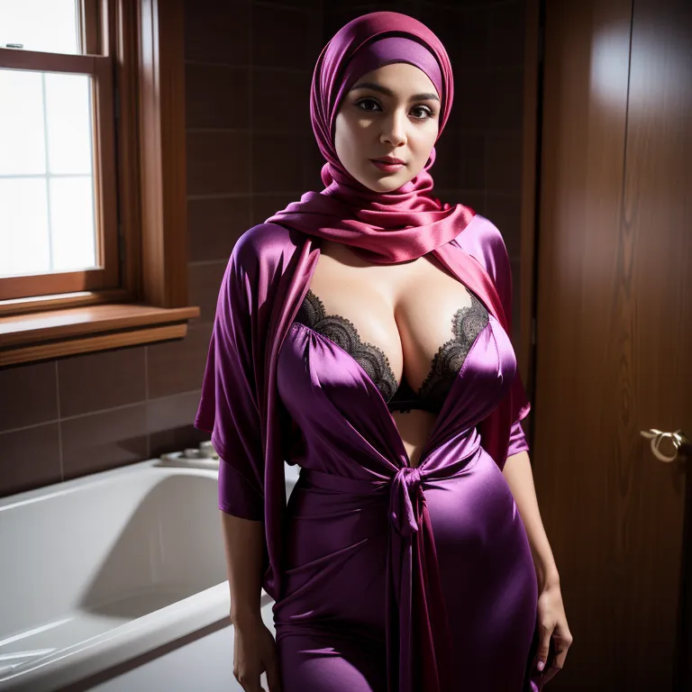 woman,thirties,beautiful,huge breasts,perfect body,hijab,(silk),nightgown,Purple bra,standing,bathroom,portrait,(adult:1.5)