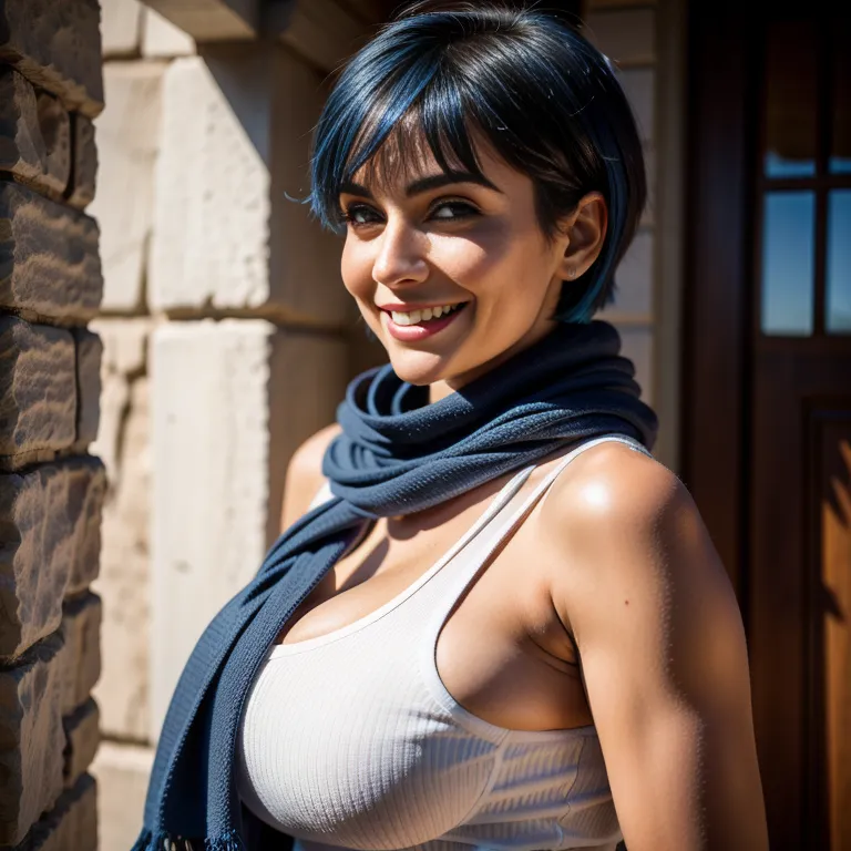 <lora:Arabs_1:0.5>, Arabs,woman,aging,short hair,bobcut,blue hair,hair behind ear,bangs,blue eyes,beautiful,(smile),Looking at viewer,huge breasts,huge ass,perfect body,scarf,high socks,(adult:1.5)