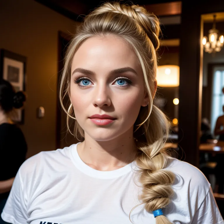 <lora:White2:0.4>,white people,woman,twenties,long hair,updo,blonde hair,hair behind ear,blue eyes,beautiful,cool,normal breasts,medium ass,maid,eyeshadow,taut shirt,(adult:1.5)