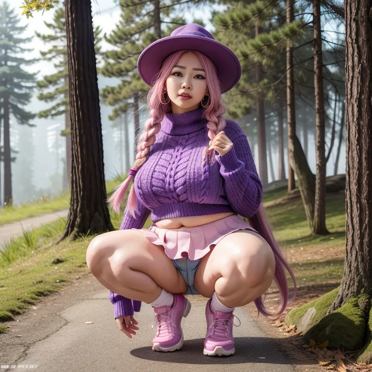 hkgirl, (kpop idol), <lora:HongKong:0.5>,woman,elder,long hair,braided,pink hair,beautiful,seductive,huge breasts,huge ass,fat,hat,Purple sweater,Purple mini skirt,squatting,forest,front view,full body,(adult:1.5)