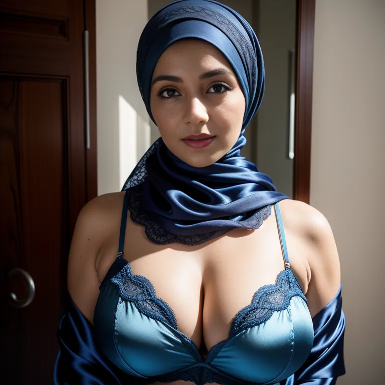 woman,thirties,beautiful,huge breasts,perfect body,hijab,(silk),nightgown,Blue bra,standing,bathroom,portrait,(adult:1.5)