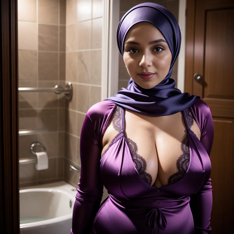 woman,thirties,beautiful,huge breasts,perfect body,hijab,(silk),nightgown,Purple bra,standing,bathroom,portrait,(adult:1.5)