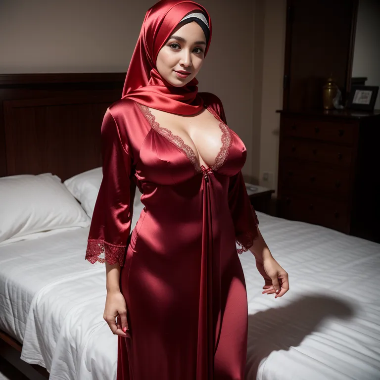 woman,thirties,beautiful,huge breasts,perfect body,hijab,(silk),nightgown,Red bra,standing,bedroom,portrait,(adult:1.5)