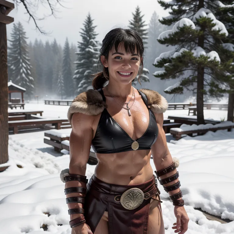 <lora:White_v4:0.3>,white people,woman,twenties,short hair,pony tail,hair behind ear,bangs,beautiful,(smile),muscular,(wet:1.1),abs,necklace,boots,viking warrior clothing,on back,daytime,sun,snow,full body,(adult:1.5)