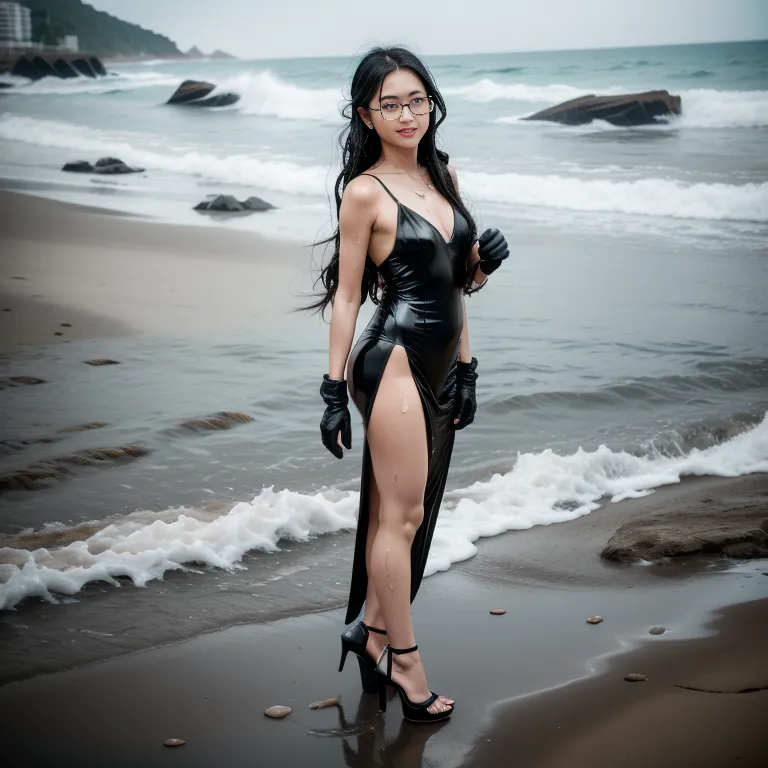 <lora:Chinese5:0.6>,woman,twenties,long hair,bald,black hair,black eyes,beautiful,happy,perfect body,(wet:1.1),gloves,silver eyeglasses,stocking,high heels,standing,daytime,beach,(adult:1.5)