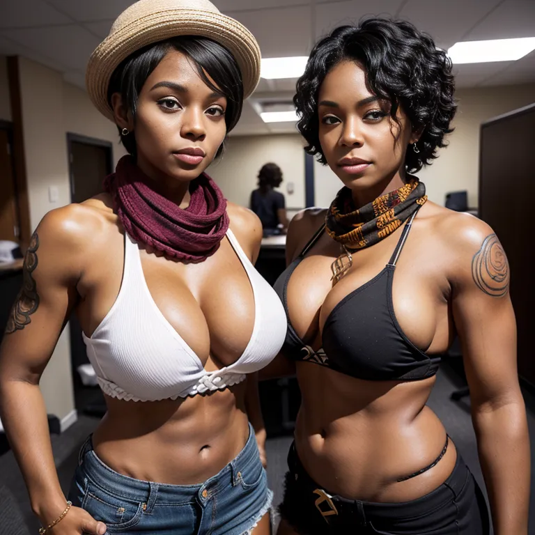 black people, <lora:Black:0.2>,(2women:2),aging,short hair,braided,black hair,happy,huge breasts,huge ass,perfect body,tattoo,abs,hat,scarf,boots,massage,office,(adult:1.5)