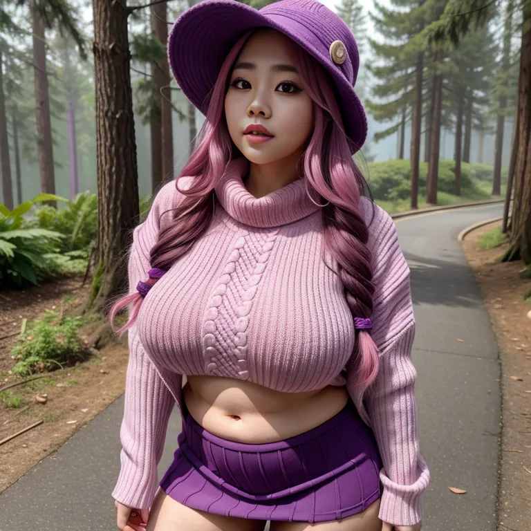 hkgirl, (kpop idol), <lora:HongKong:0.5>,woman,elder,long hair,curly hair,pink hair,beautiful,seductive,huge breasts,huge ass,fat,hat,Purple sweater,Purple mini skirt,standing,forest,full body,(adult:1.5)