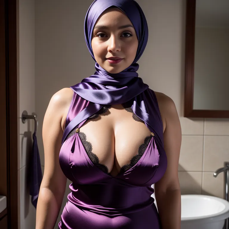 woman,thirties,beautiful,huge breasts,perfect body,hijab,(silk),nightgown,Purple bra,standing,bathroom,portrait,(adult:1.5)