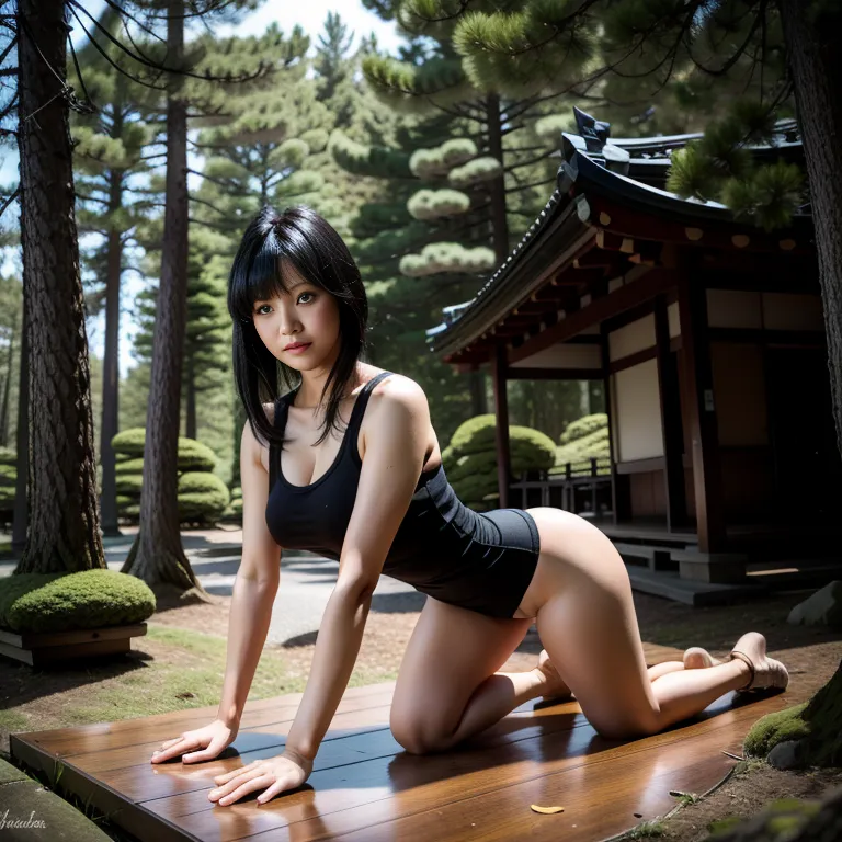 <lora:Japanese5:0.6>, japanese,woman,twenties,frizzy hair,black hair,bangs,black eyes,perfect body,military,bending over,daytime,forest,full body,(adult:1.5)