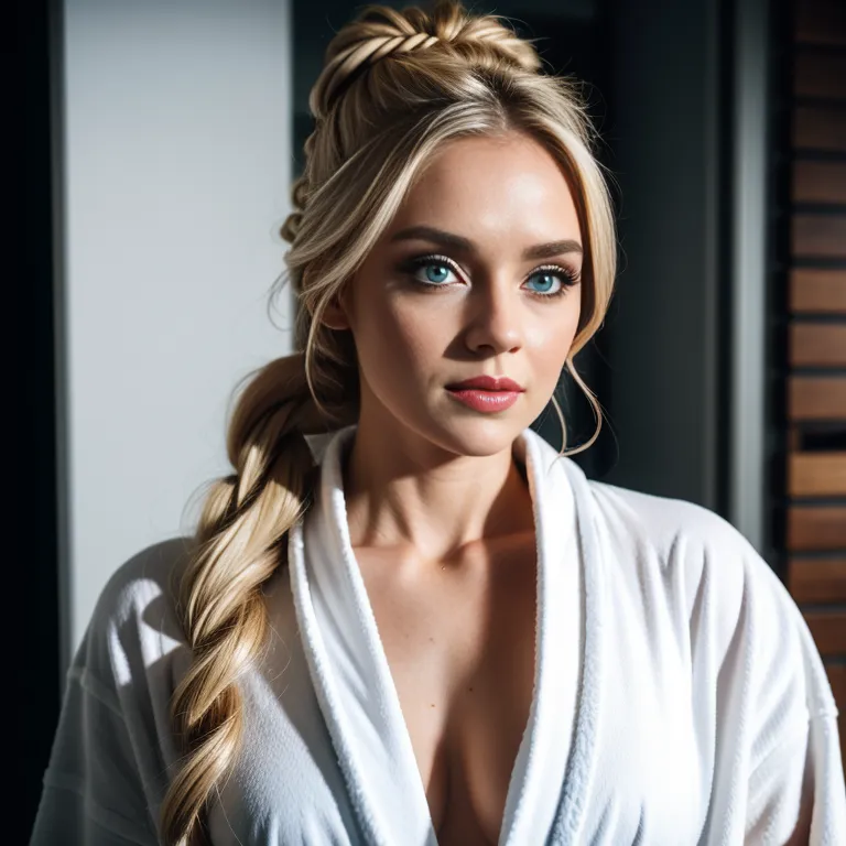 <lora:White2:0.4>,white people,woman,twenties,long hair,updo,blonde hair,hair behind ear,blue eyes,beautiful,cool,normal breasts,medium ass,bathrobe,eyeshadow,taut shirt,(adult:1.5)