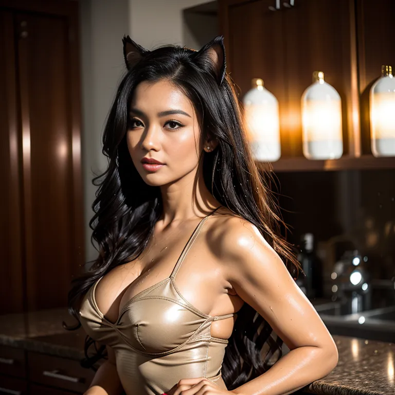 <lora:Chinese:0.45>,woman,thirties,long hair,curly hair,black hair,hair behind ear,beautiful,seductive,Looking at viewer,huge breasts,huge ass,perfect body,(tan:1.2),(wet:1.1),cat ears,sheath dress,(adult:1.5)