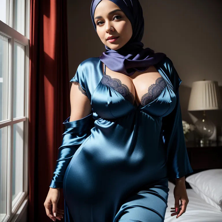 woman,thirties,beautiful,huge breasts,perfect body,hijab,(silk),nightgown,Blue bra,standing,bedroom,portrait,(adult:1.5)