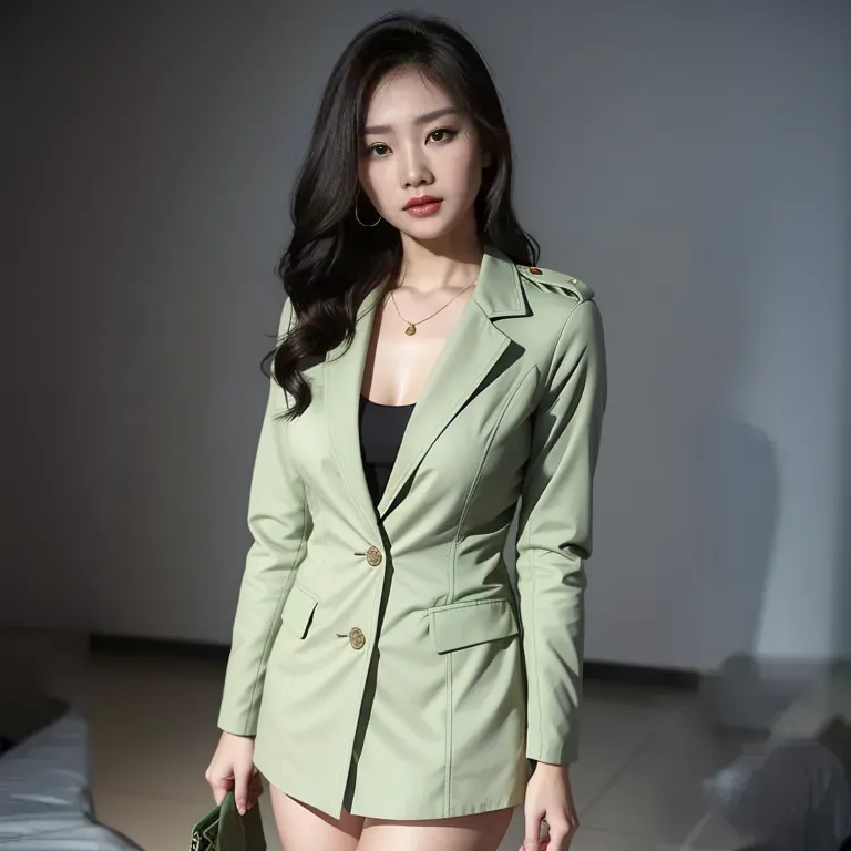 <lora:Chinese:0.45>,woman,twenties,military,Green coat,micro skirt,(adult:1.5)