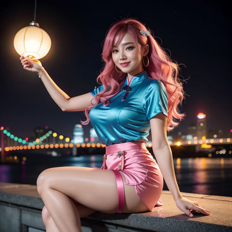 hkgirl, (kpop idol), <lora:HongKong:0.5>,woman,twenties,long hair,spiralcurl,pink hair,blue eyes,beautiful,(smile),Looking at viewer,huge breasts,huge ass,fat,tie,pantyhose,high heels,earings,(silk),short sleeves,qipao, chinese clothes,Blue bra,Pink mini skirt,spread legs,night,(rim light:1.5),front view,full body,(adult:1.5)