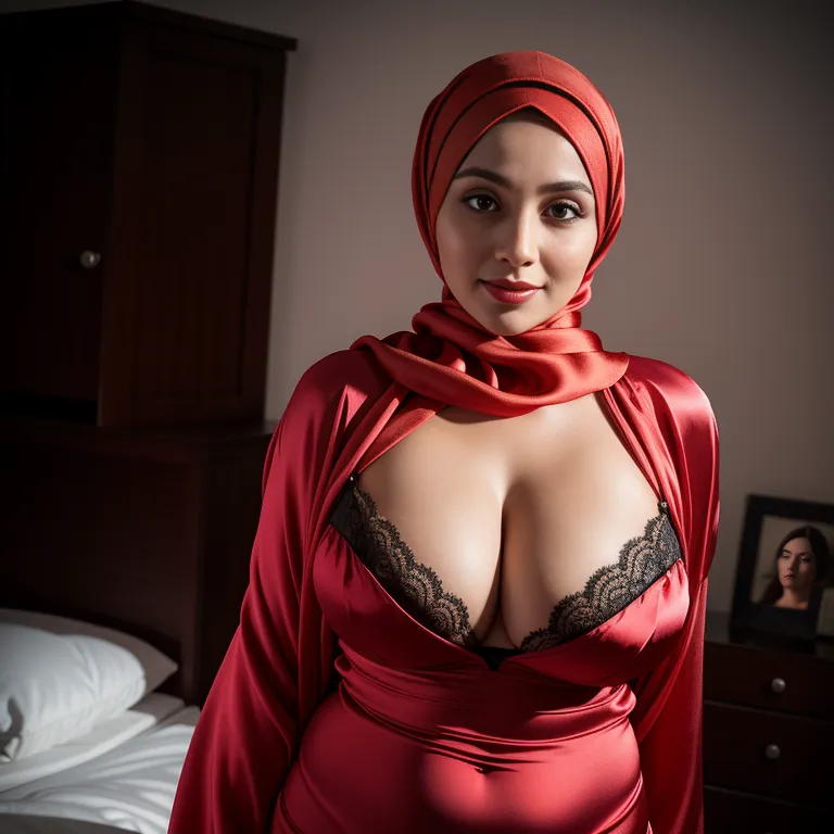 woman,thirties,beautiful,huge breasts,perfect body,hijab,(silk),nightgown,Red bra,standing,bedroom,portrait,(adult:1.5)