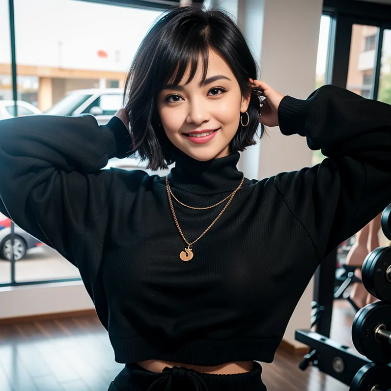 <lora:Chinese:0.45>,woman,twenties,short hair,braided,black hair,hair behind ear,bangs,black eyes,beautiful,(smile),Looking at viewer,huge breasts,huge ass,necklace,Black sweater,yoga pants,standing,gym,front view,full body,(adult:1.5)