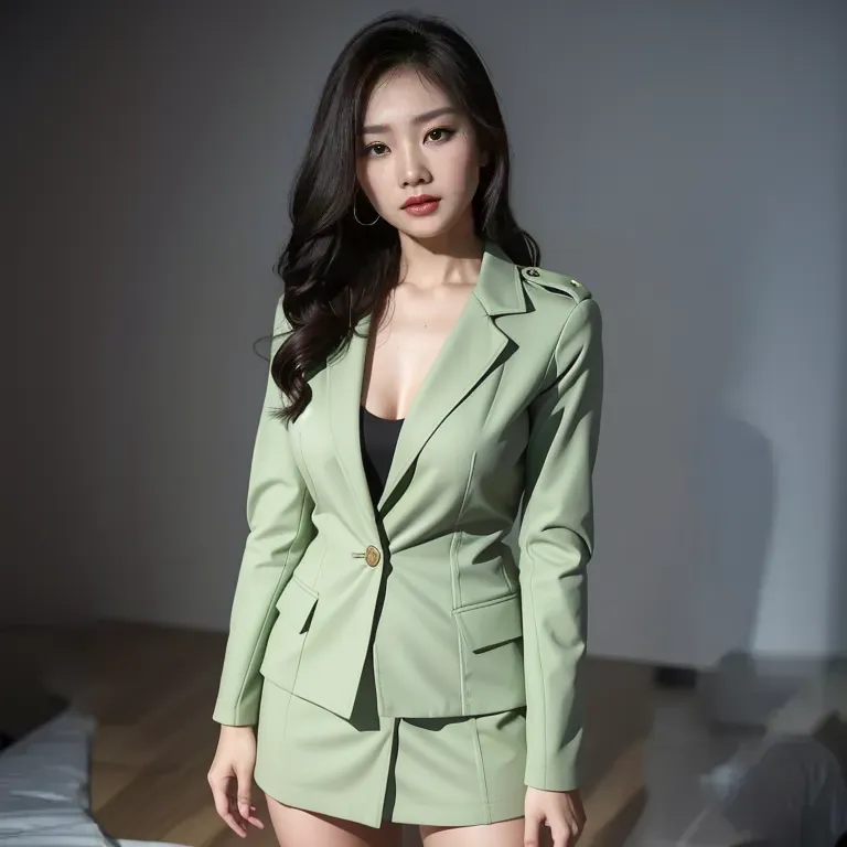 <lora:Chinese:0.45>,woman,twenties,military,Green coat,micro skirt,(adult:1.5)